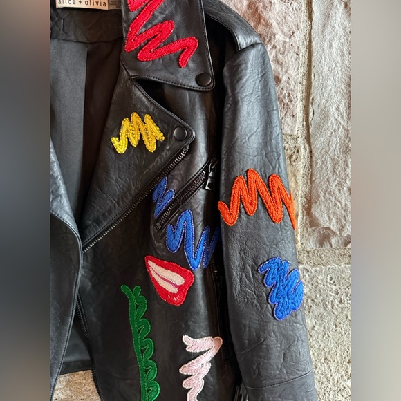 Alice + Olivia Black Leather Moto Jacket with Multicolor Embroidered Accents - Picture 5 of 6